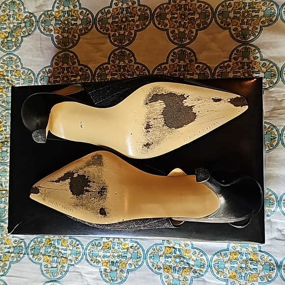 Y2K Valerie Stevens Gray Pinstripe Sling Back Heels - Picture 9 of 14